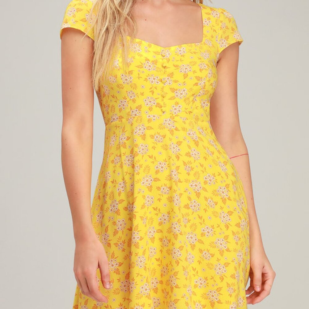 Lulus Passion Project Yellow Floral Print Mini Dress - Size M